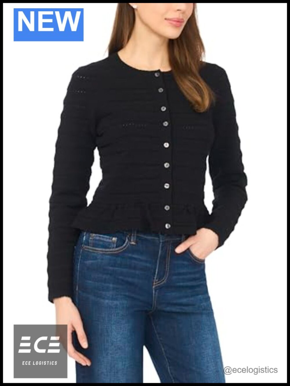 Pointelle Long Sleeve Button Cardigan Ruffle Hem Sweater